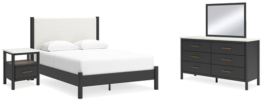 Cadmori Queen Upholstered Panel Bed, Dresser, Mirror and Nightstand