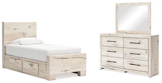 Lawroy Twin Panel Bed with Storage, Dresser and Mirror