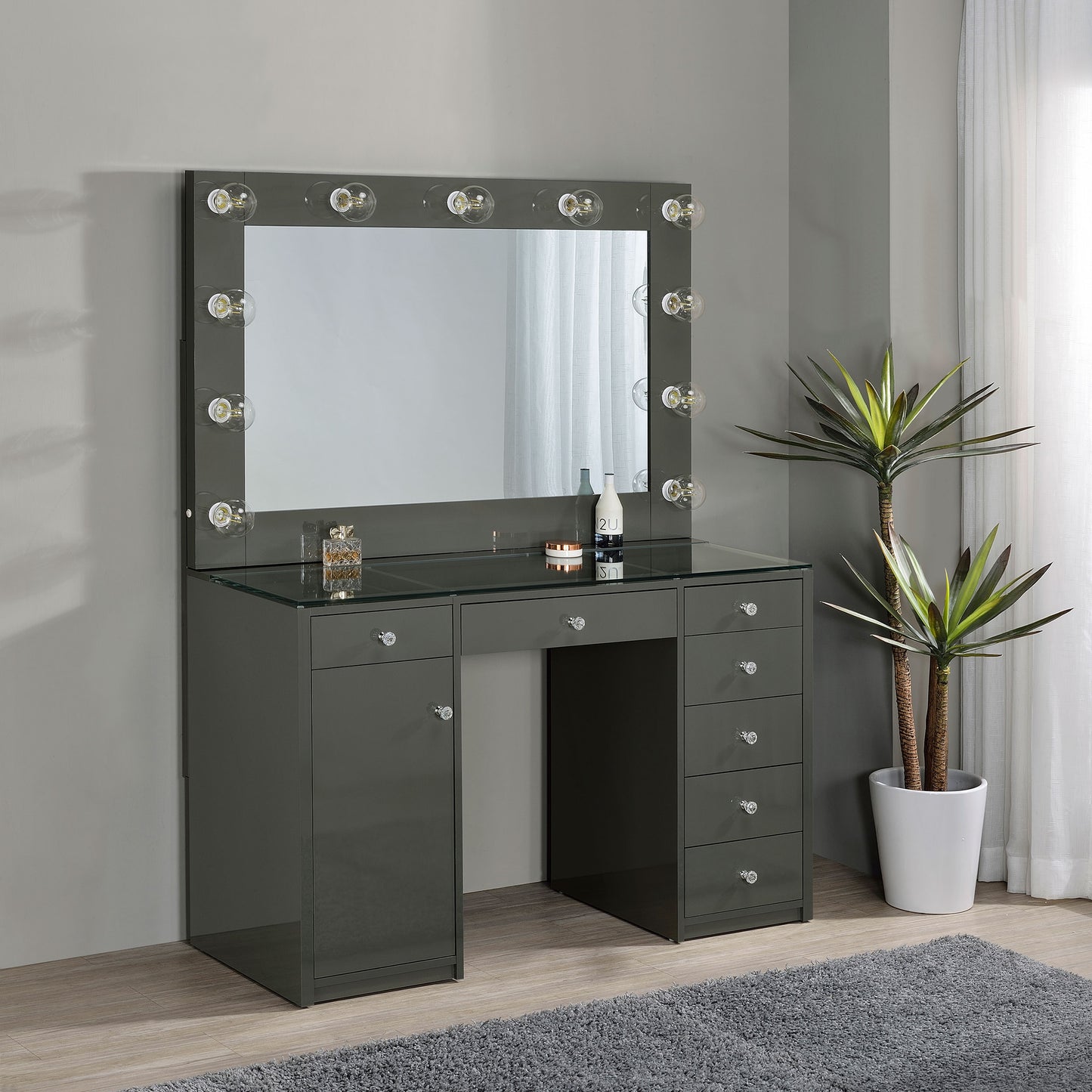 Acena 7-drawer Vanity Set with Lighting Grey High Gloss