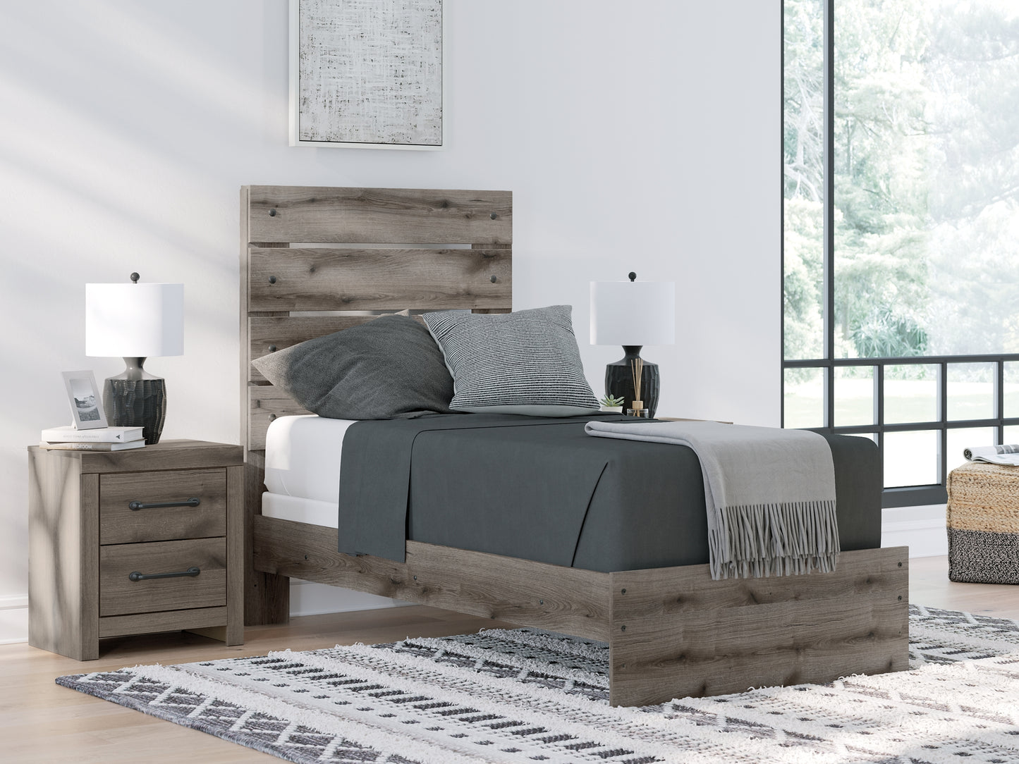 Graystorm Twin Panel Bed with Mirrored Dresser, Chest and Nightstand