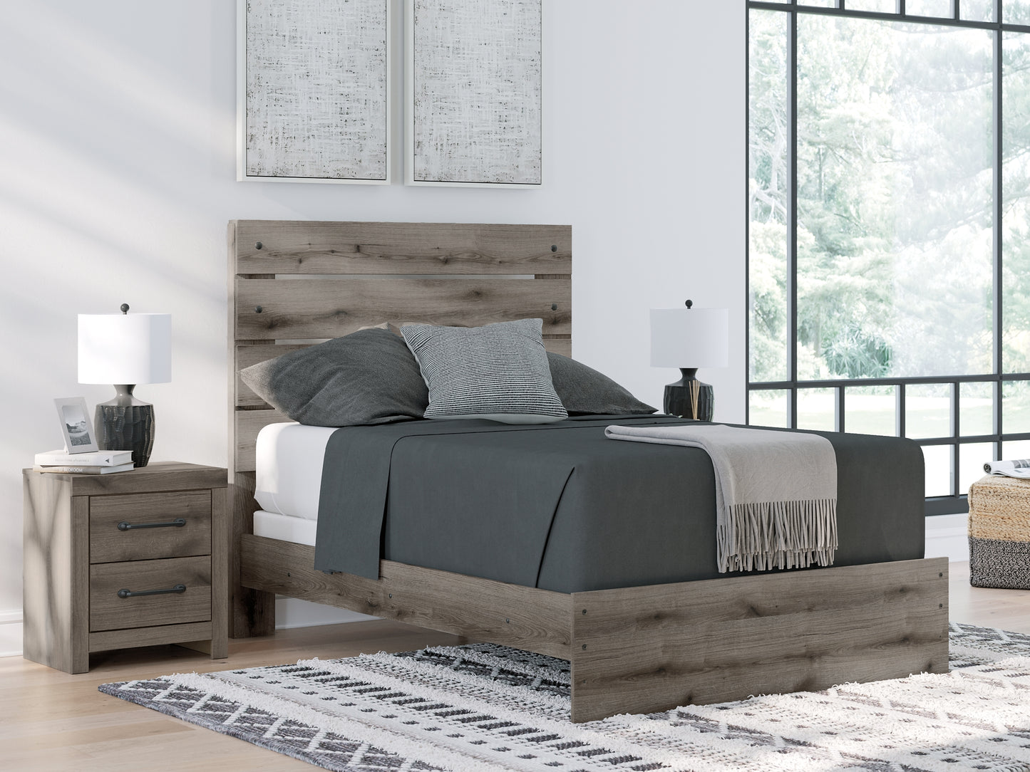 Graystorm Full Panel Bed with Mirrored Dresser and Nightstand