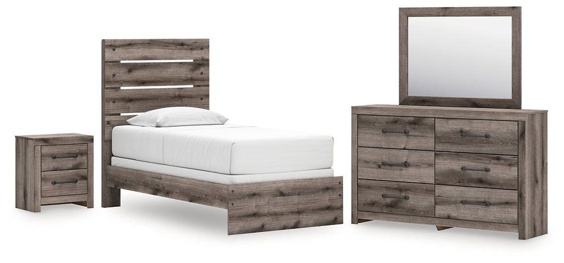 Graystorm Twin Panel Bed with Mirrored Dresser and Nightstand
