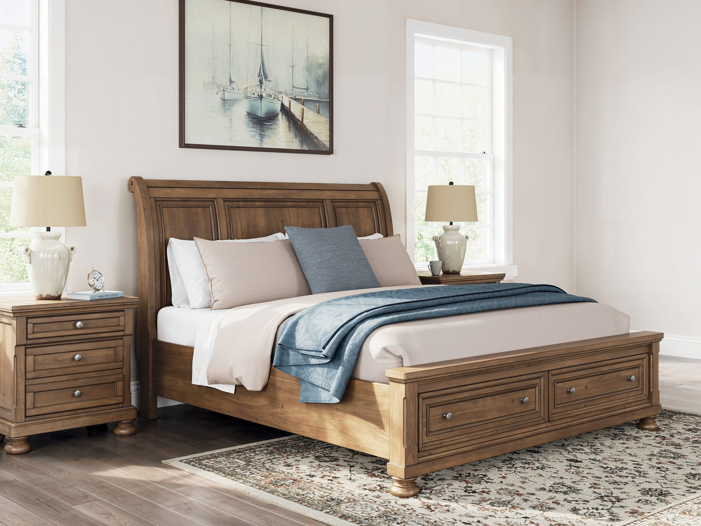 Feddinger King Storage Sleigh Bed with Mirrored Dresser and Nightstand