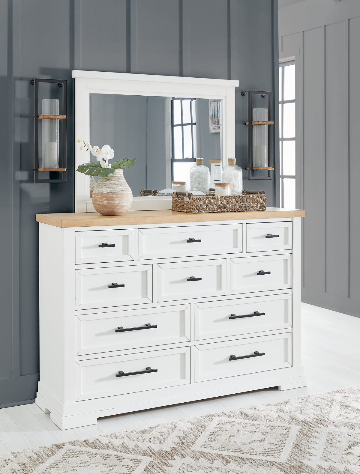Ashbryn King Panel Storage Bed with Mirrored Dresser