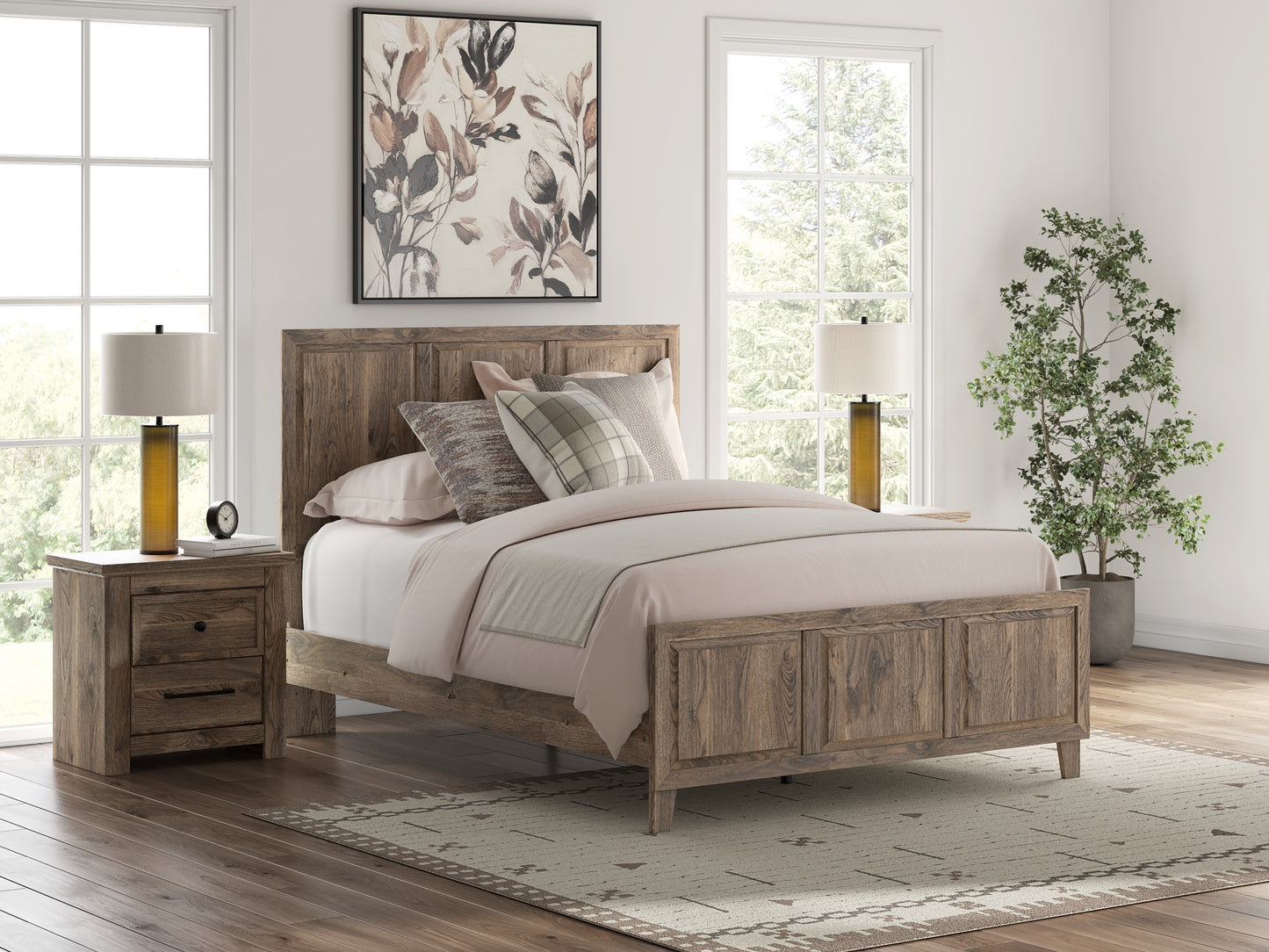 Rusticott Queen Panel Bed with Mirrored Dresser and Nightstand