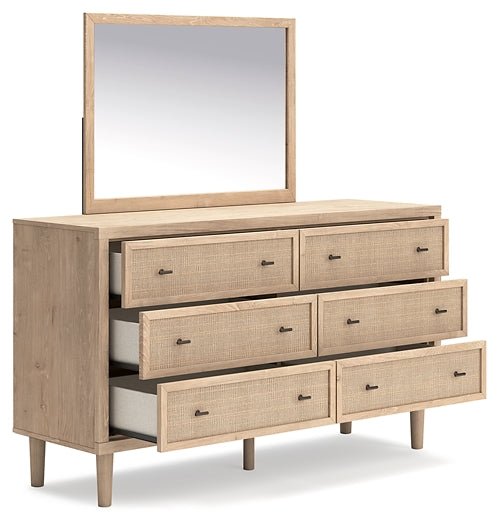 Cielden Queen Upholstered Bed with Roll Slats, Dresser, Mirror, Chest and Nightstand