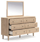 Cielden Queen Upholstered Bed with Roll Slats, Dresser, Mirror, Chest and Nightstand