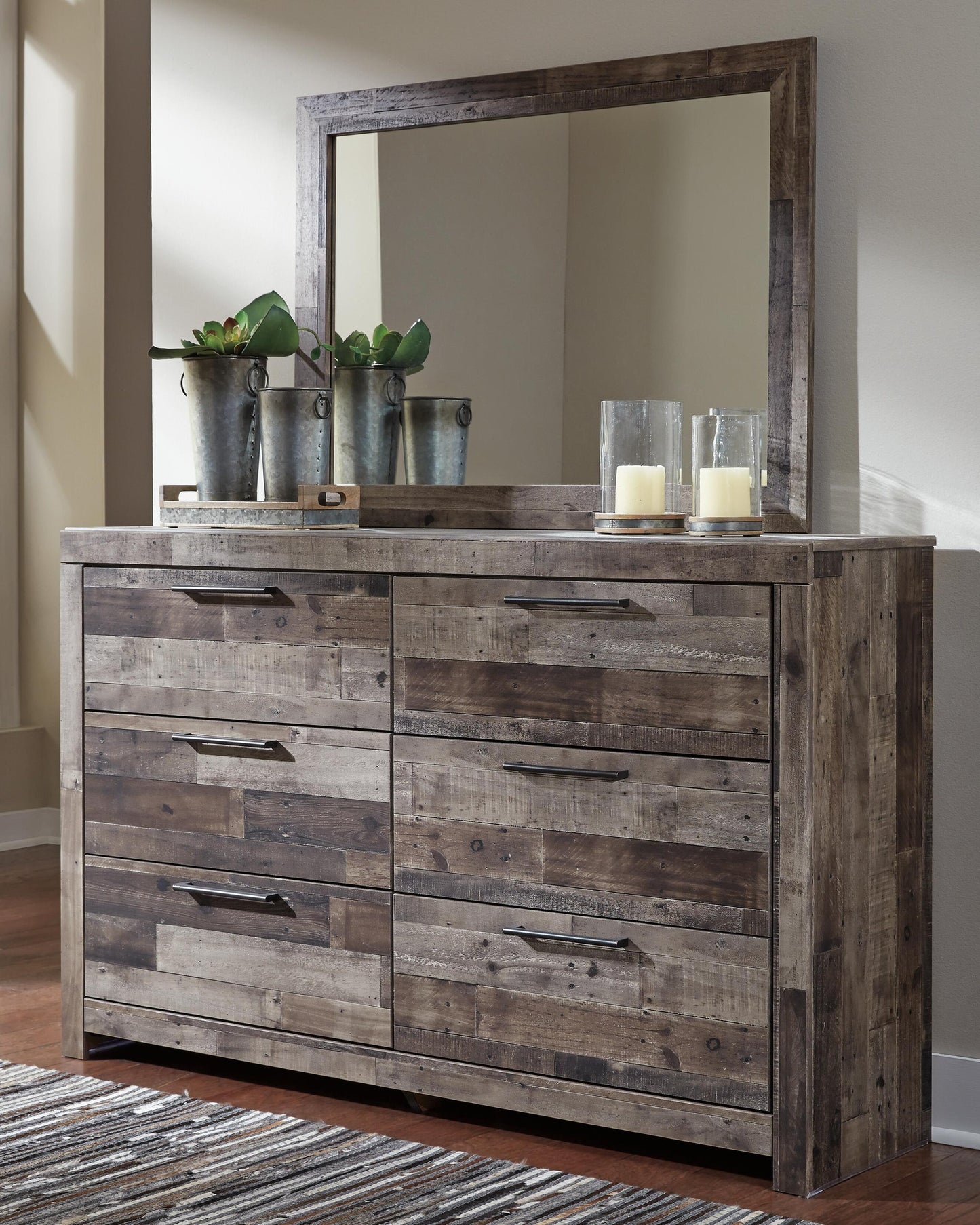 Derekson Queen/Full Panel Headboard Bed with Mirrored Dresser