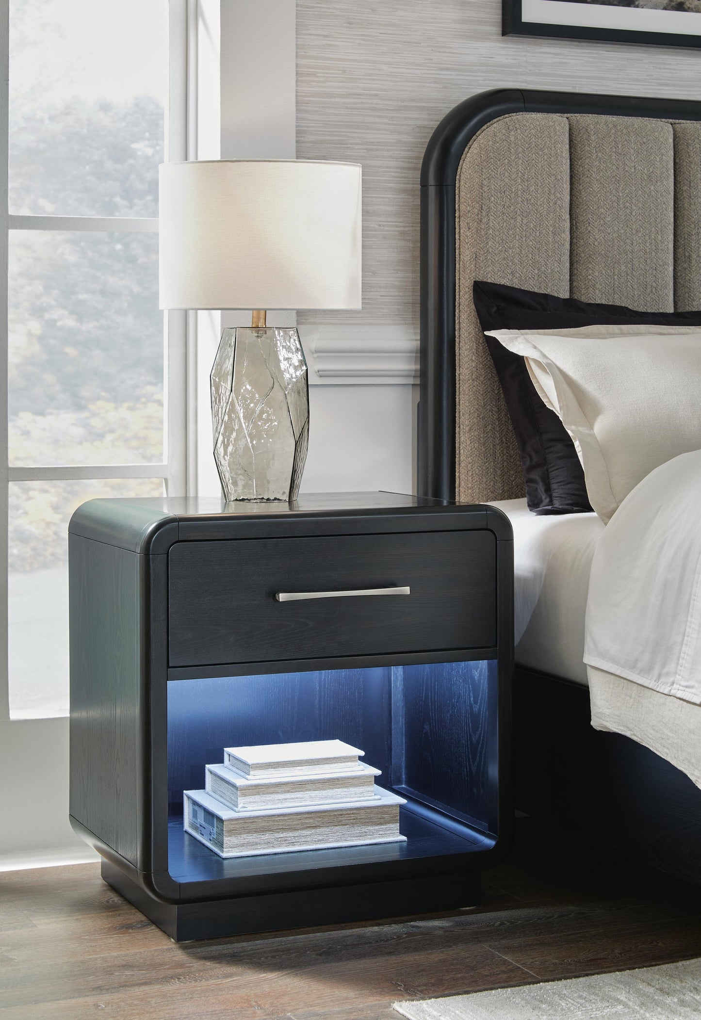 Rowanbeck King Upholstered Panel Bed, Dresser, Mirror and Nightstand