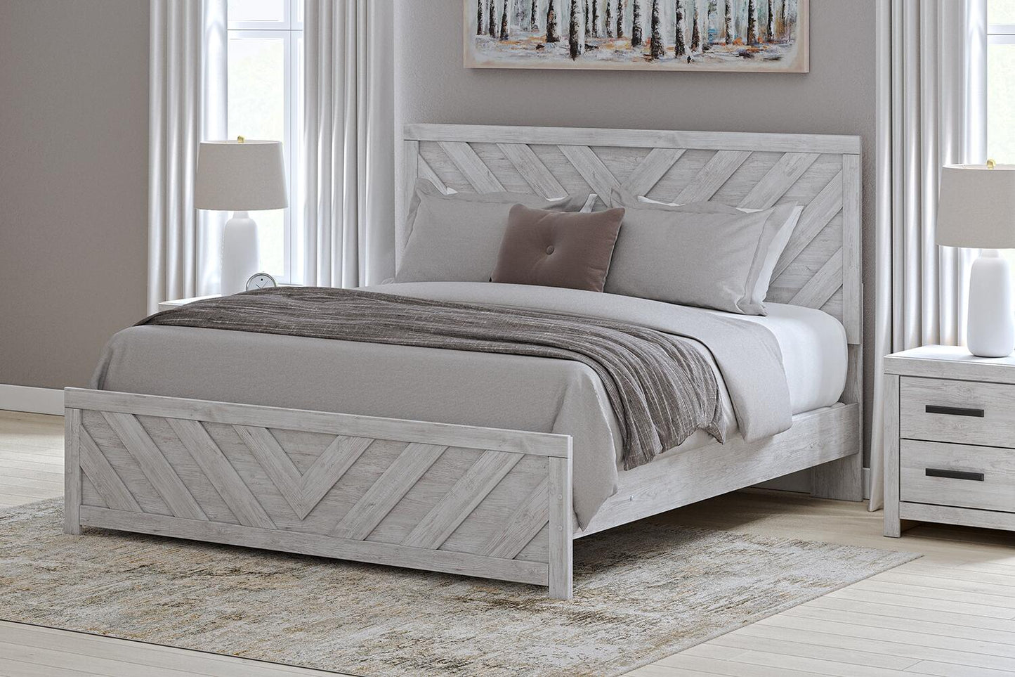 Cayboni King Panel Bed with Mirrored Dresser and Nightstand