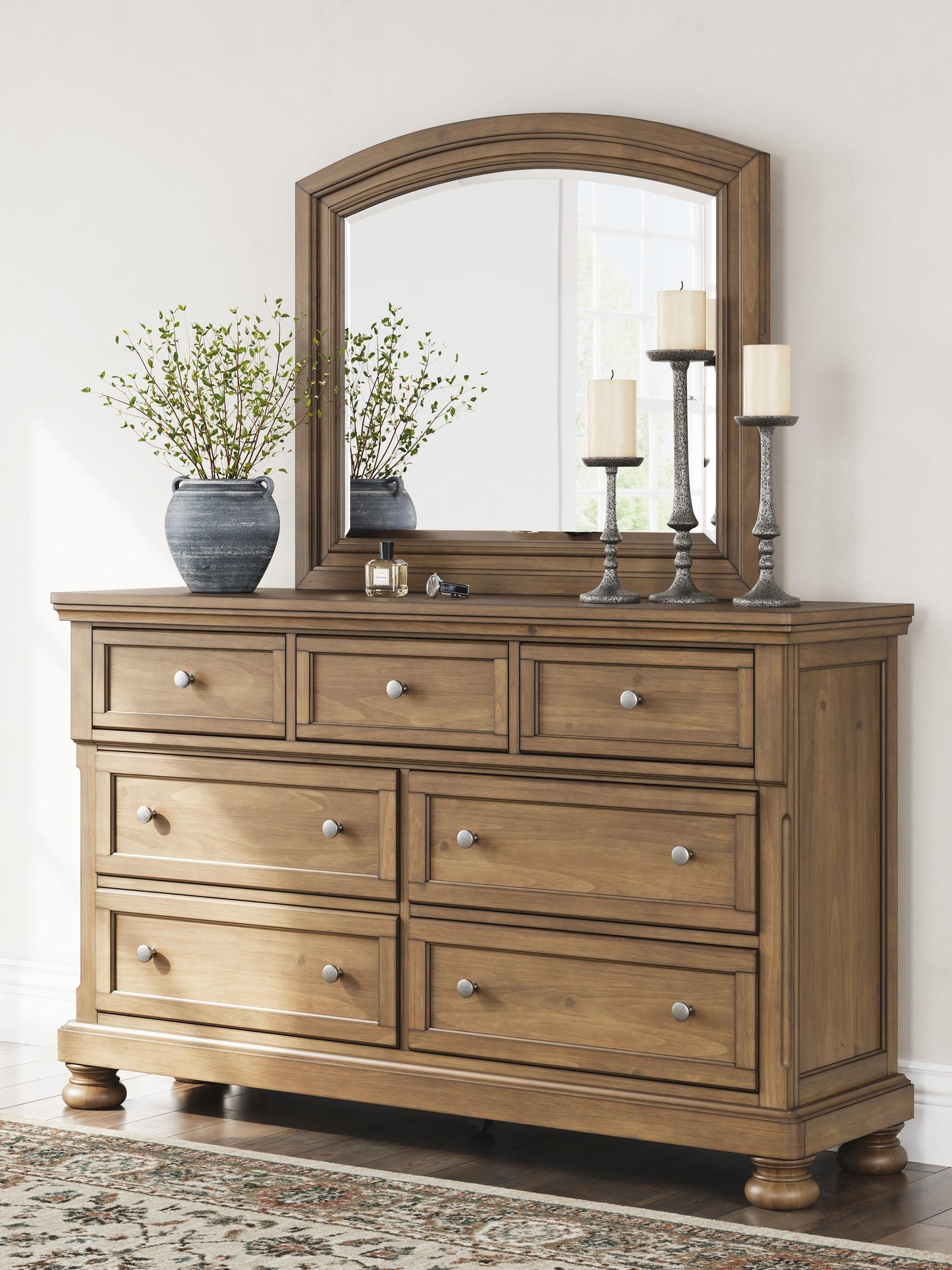 Feddinger California King Storage Sleigh Bed with Mirrored Dresser