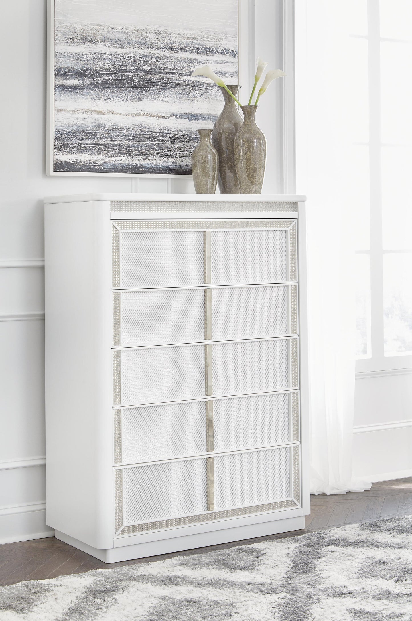 Chalanna California King Upholstered Storage Bed, Dresser, Mirror, Chest and Nightstand
