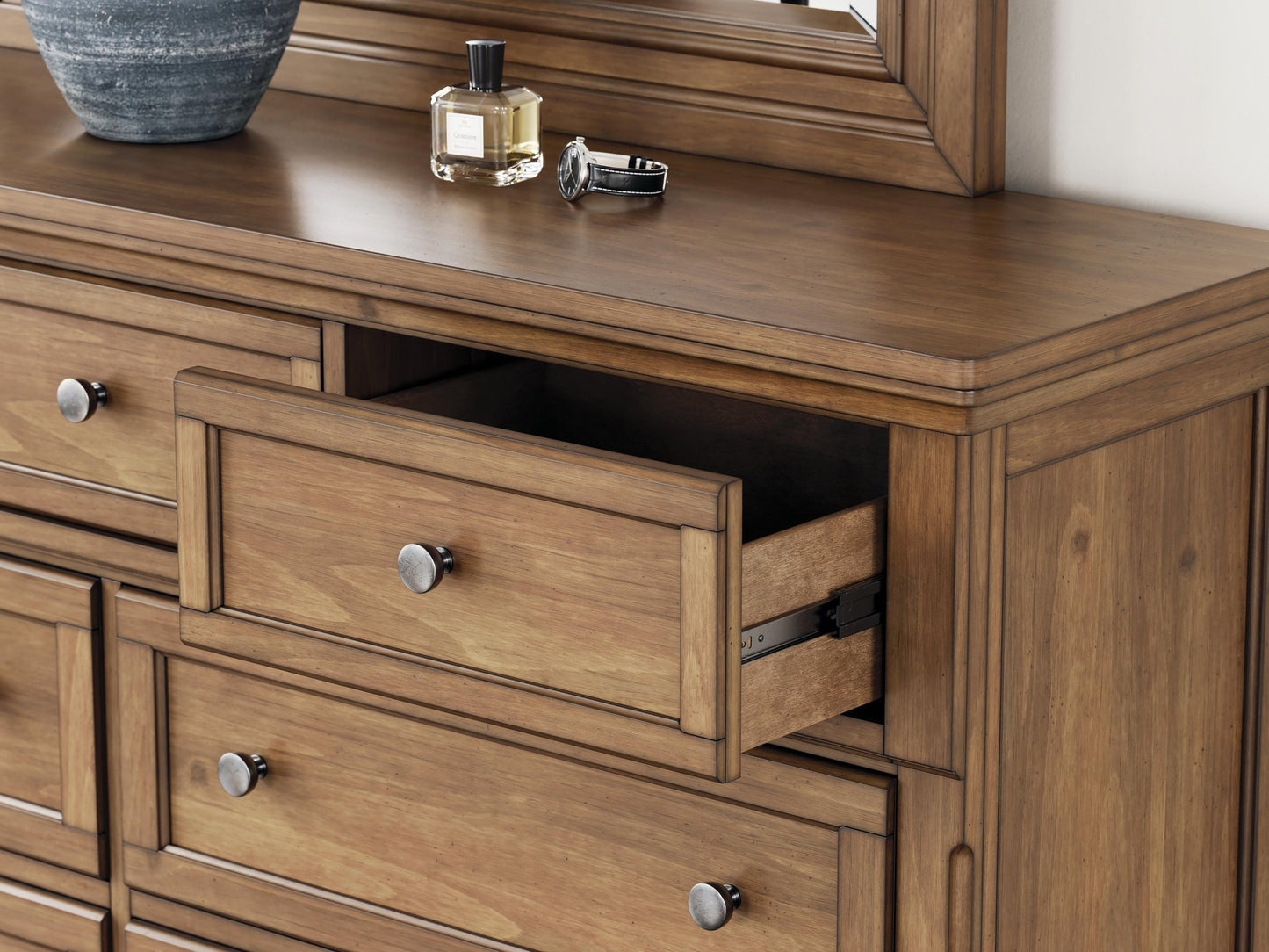 Vandenmore California King Panel Bed with Mirrored Dresser and Nightstand
