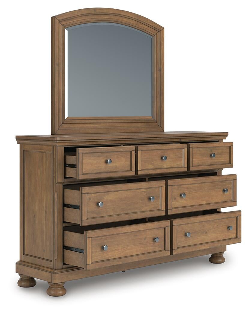 Vandenmore King Panel Bed with Mirrored Dresser and Nightstand