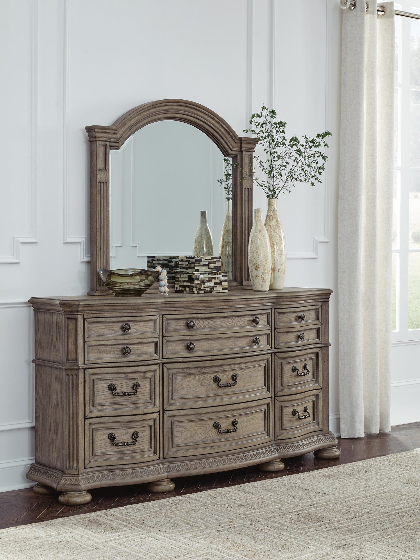Ardenfield California King Upholstered Sleigh Bed, Dresser and Mirror