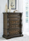 Maylee California King Canopy Bed, Dresser, Mirror, Chest and Nightstand