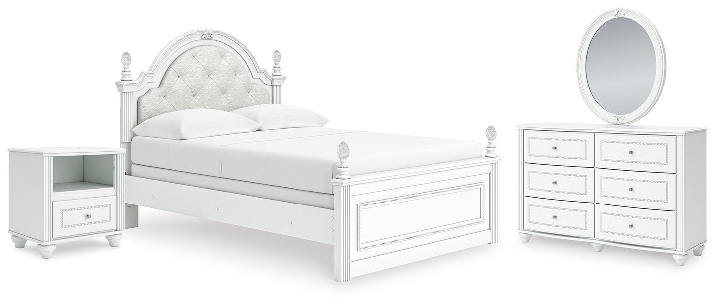 Kozlani Full Upholstered Panel Bed, Dresser, Mirror and Nightstand