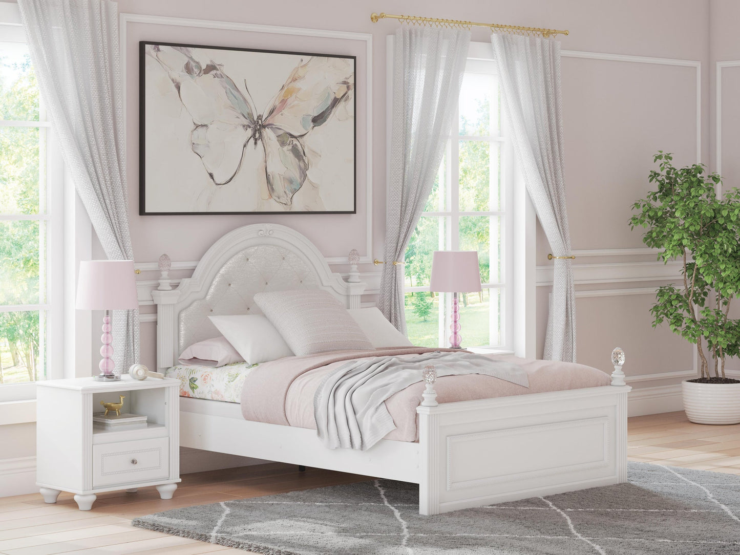 Kozlani Full Upholstered Panel Bed, Dresser, Mirror and Nightstand