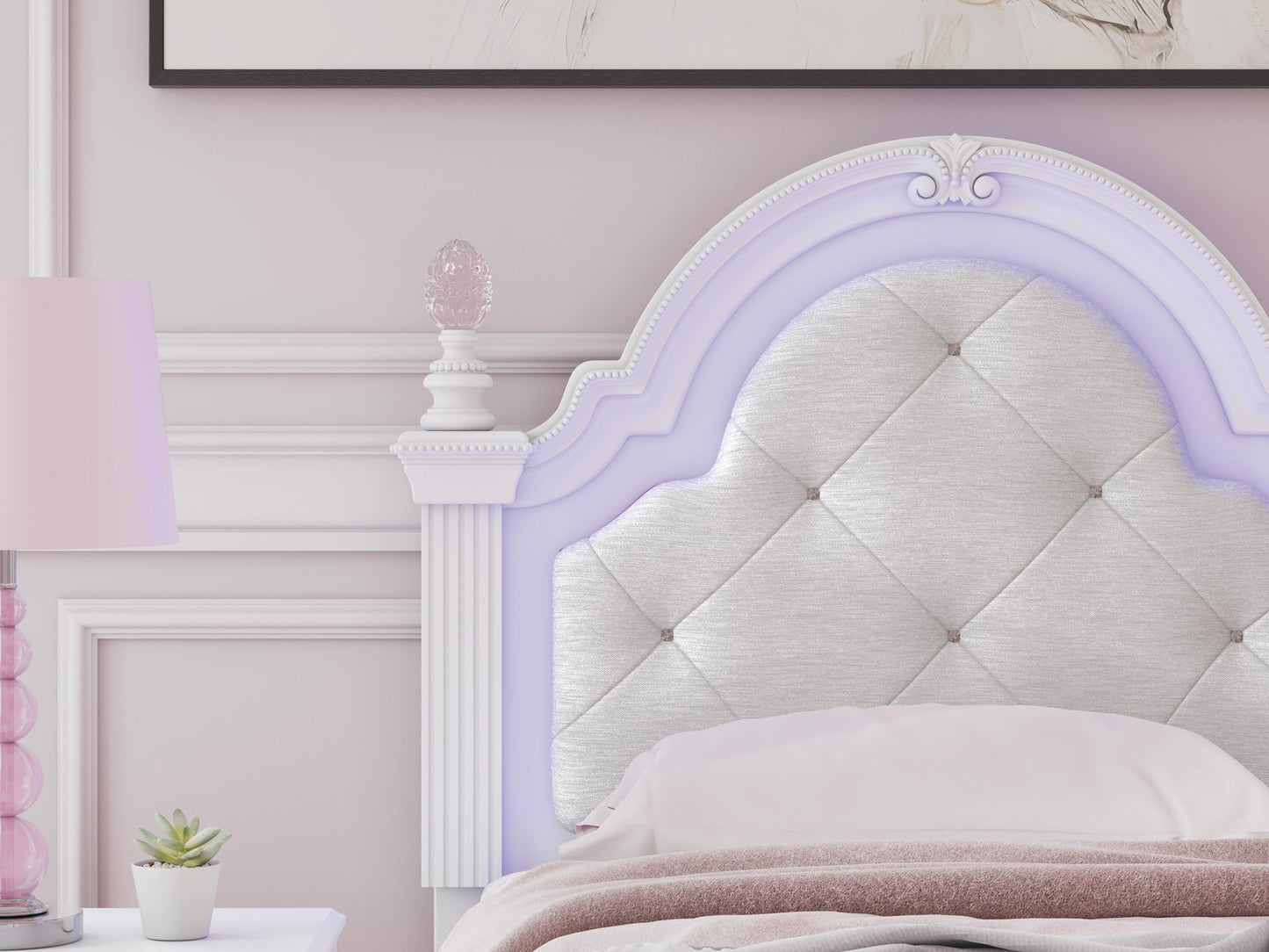 Kozlani Twin Upholstered Panel Bed, Dresser and Mirror