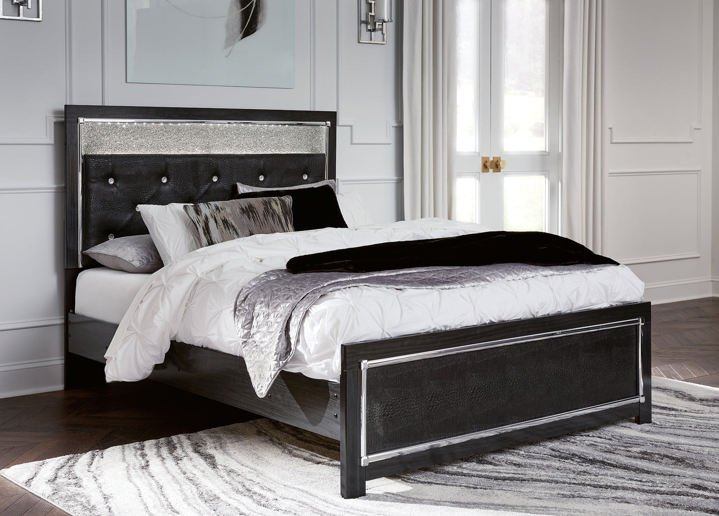 Kaydell Queen Upholstered Panel Bed with Mirrored Dresser, Chest and Nightstand